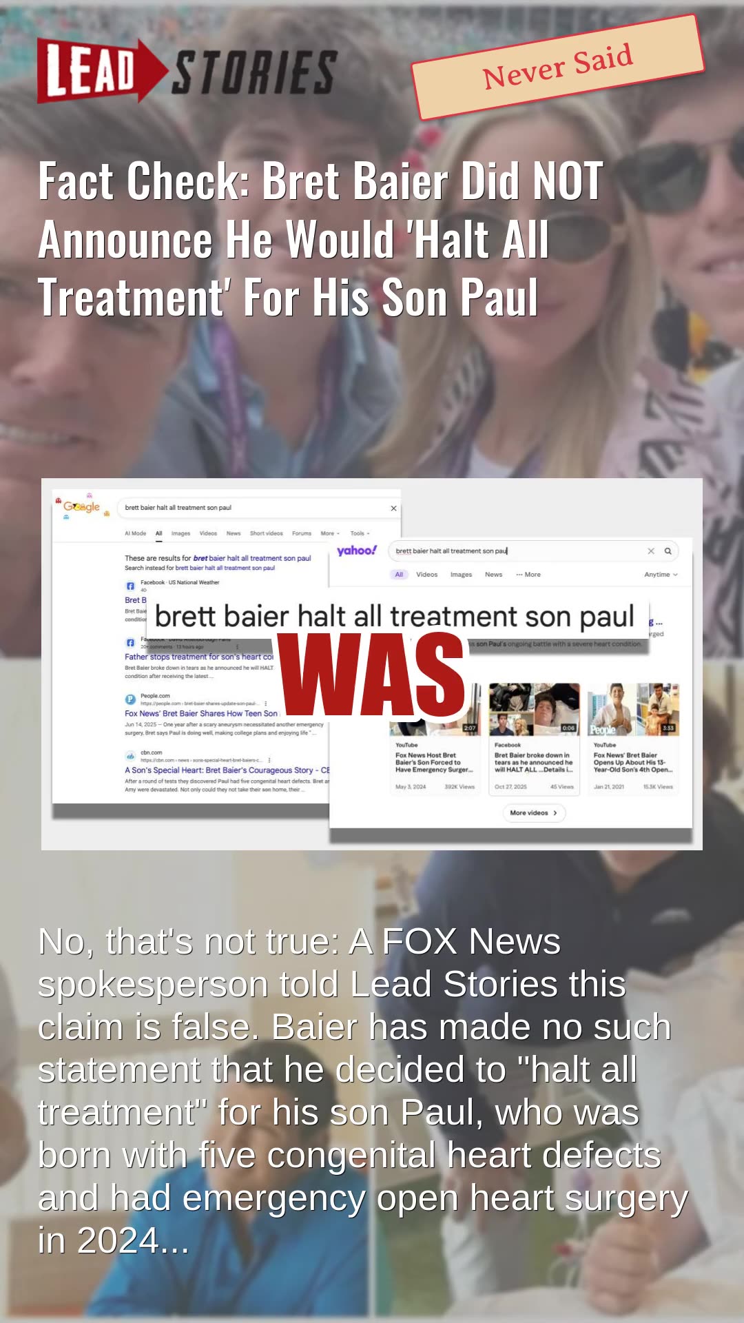 Fact Check: Bret Baier Did NOT Announce He Would Halt All Treatment For His Son Paul