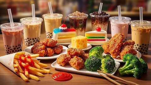 French fries ketchup Chinken and broccoli & jelly cake also cheese red cherry mixed with bubble tea