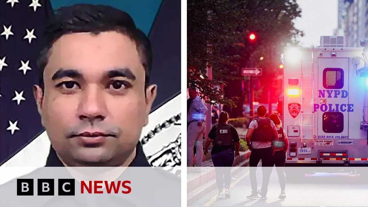 ‘Hero’ policeman died saving lives, say New York officials after skyscraper shooting | BBC News