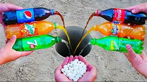 Experiment Big Sodas bottles_ Coca Cola, Fanta, Mirinda, Sprite, 7up, Pepsi and Mentos Underground