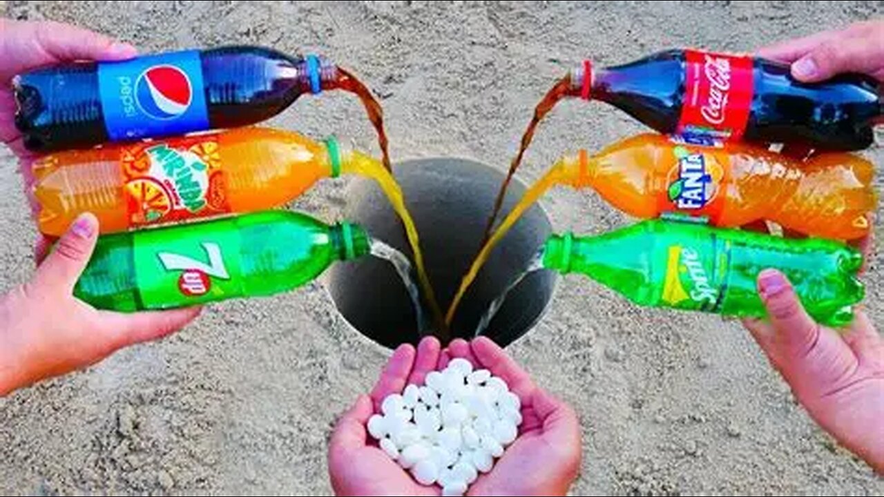 Experiment Big Sodas bottles_ Coca Cola, Fanta, Mirinda, Sprite, 7up, Pepsi and Mentos Underground