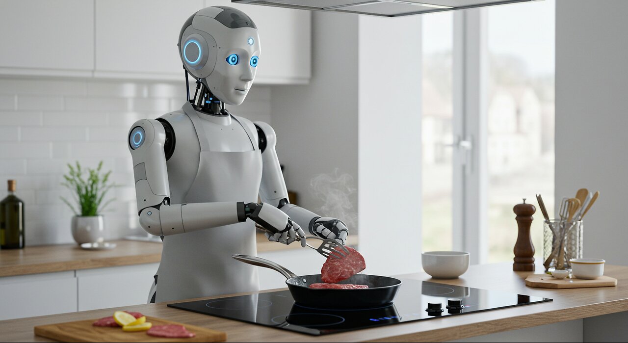 Ai Humanoid Robot Cooking Food in the Electric Stove