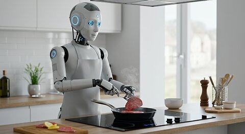 Ai Humanoid Robot Cooking Food in the Electric Stove