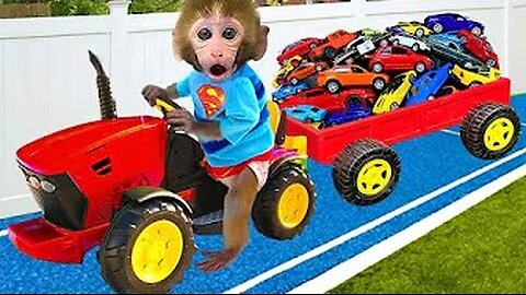 Monkey Baby Bon Bon play with toy cars Hot Wheels and eat eggs with puppies in the garden