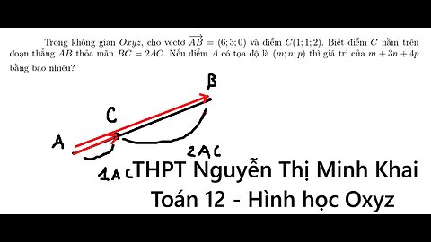 THPT Nguyễn Thị Minh Khai: Trong không gian Oxyz, cho vectơ vec AB = (6; 3; 0) và điểm C(1; 1;2).