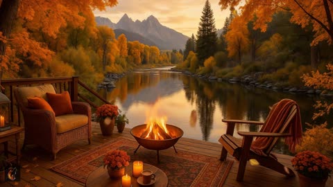 Autumn Lofi Fireplace – Relaxing Fall Ambience by the Lake with Crackling Fire Sounds