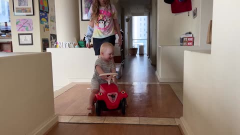 Sister Gives Little Spencer a Big Bobby Car Ride!
