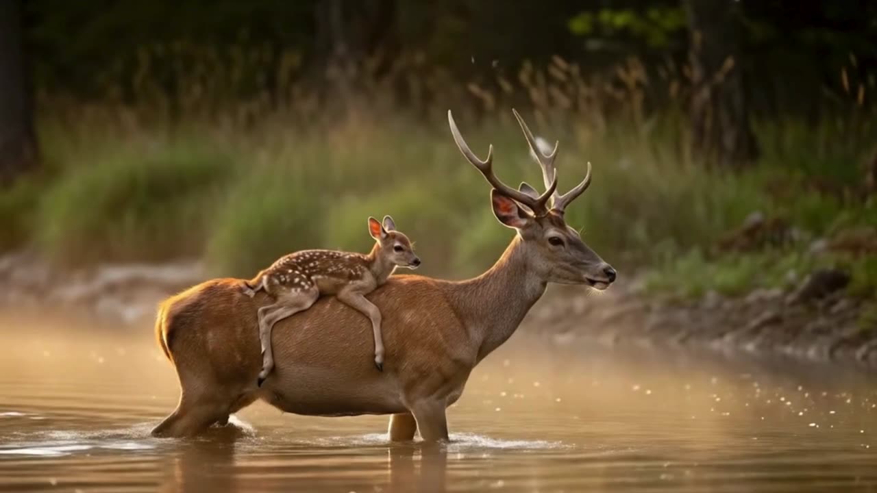 Golden Hour Grace: A Mother Deer’s Tender River Crossing