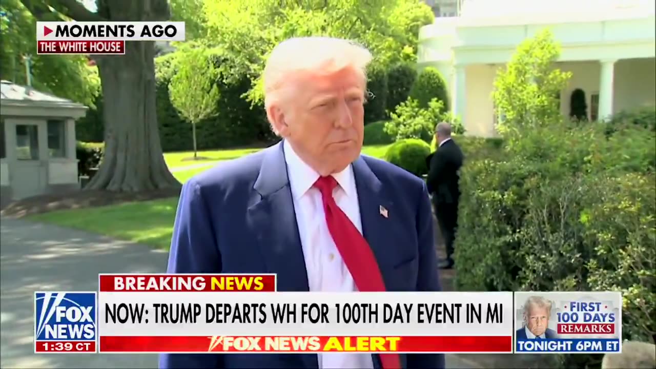 Pres Trump speaks to reporters before departing for his Michigan rally to celebrate first 100 days
