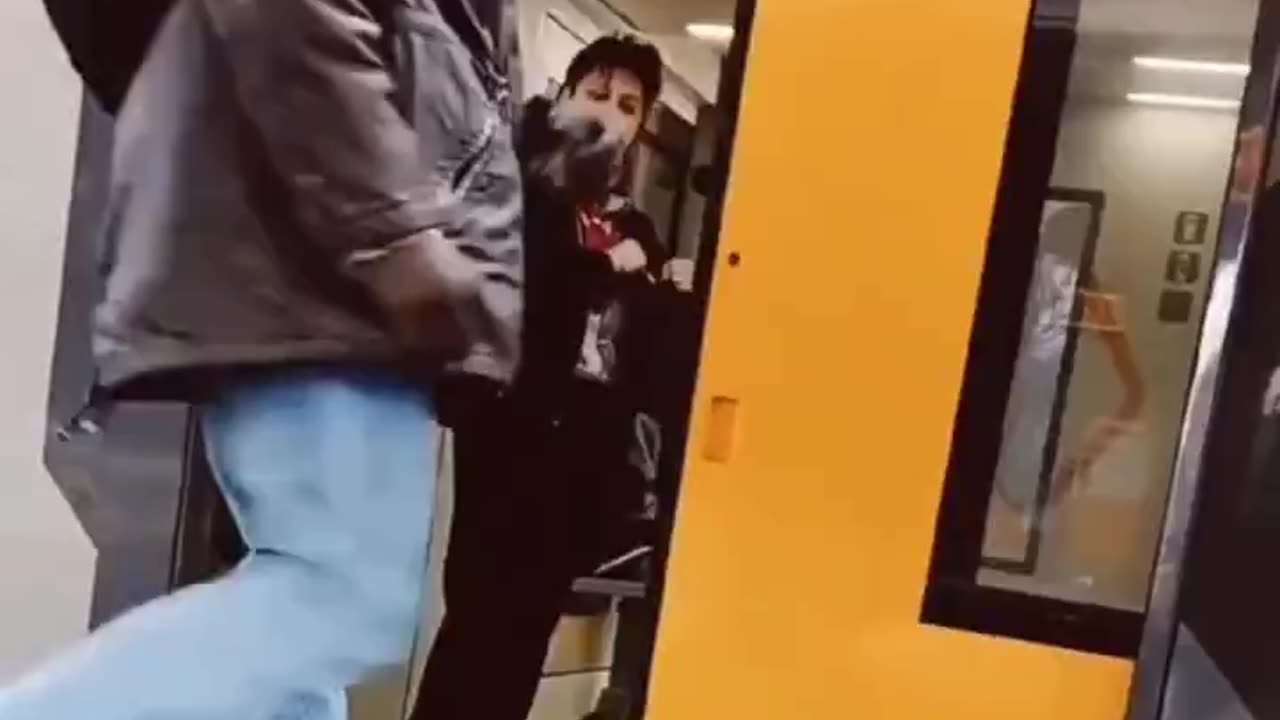 In Italy she kicks him off train because he doesn't have a ticket and he puts his