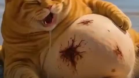 Amazing: Orange cat fight with a shark. Ai cartoon orange fat cat funny video