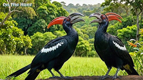 The southern ground hornbill black and red birds in group looking for food in krueger national park