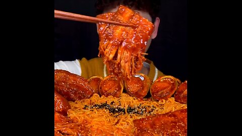 Spicy Noodles with spicy enoki mushrooms, seafood