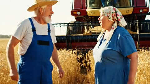 Grandfather is riding a combine harvester
