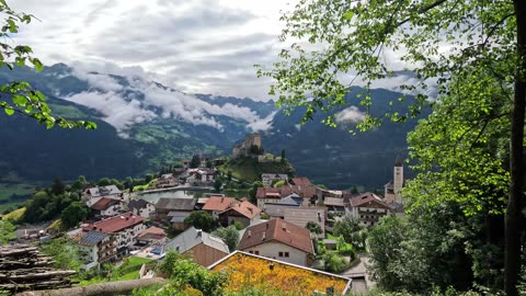 Majestic Peaks, Azure Shores & Urban Serenity Soothing Aerial Tapestry of Mountain Sea City Harmony