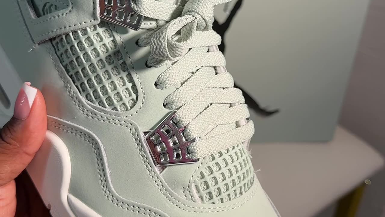 Available for €210 on our webshop 💚 - 🤏🤏 Jordan 4 Retro Seafoam Sail Metallic Silver