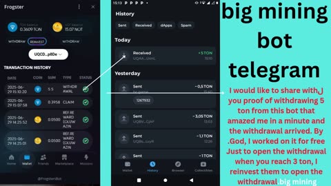 BIG MINING BOT TELEGRAM/لI would like to share with you proof of withdrawing 5 ton from this bot