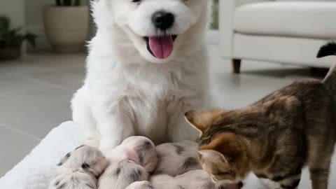 Mom Dog and Cat Team Up to Watch Over the Littlest Ones