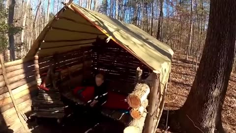 1 Year in Log Cabin Survival Shelter (Building, Camping, Repairing Bushcraft Shelter)_part12