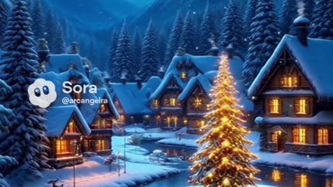 Christmas nighttime village mountain magical scene