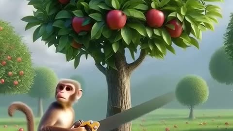 मेहनती गाय और शरारती बंदर 🐄🐒🌳 #Cow #Monkey #Police #Apple