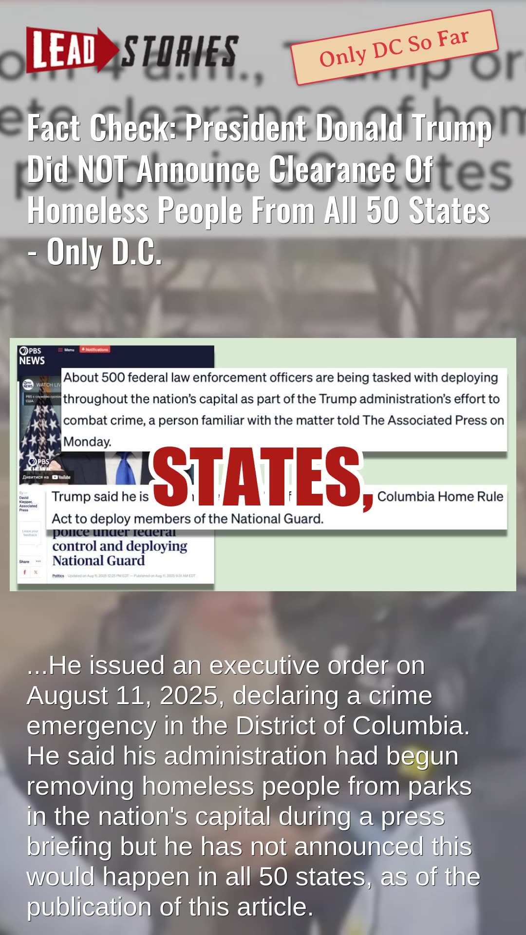 Fact Check: Trump Did NOT Announce Clearance Of Homeless People From All 50 States - Only D.C.