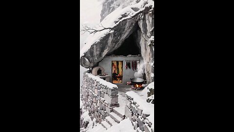 Snowy Cave Retreat: Cozy Stone Cabin, Fire Pit Cooking, Winter Camping Vibes,