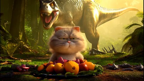 my cat stole the food from dinosaur😱