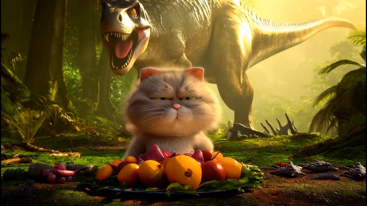 my cat stole the food from dinosaur😱