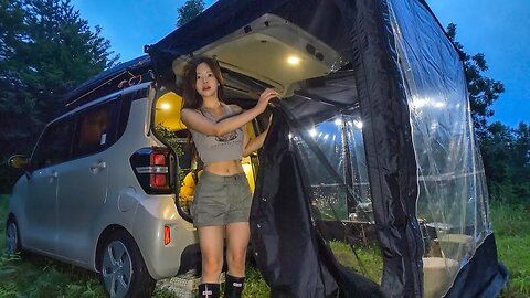 Sleeping in a car tent attached to a small camper van in the forest where no one is present🚙 ｜ Spicy