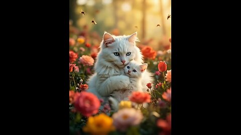 Beautiful white cat cuddling her kitten in a flower garden 🐈🥰🌼