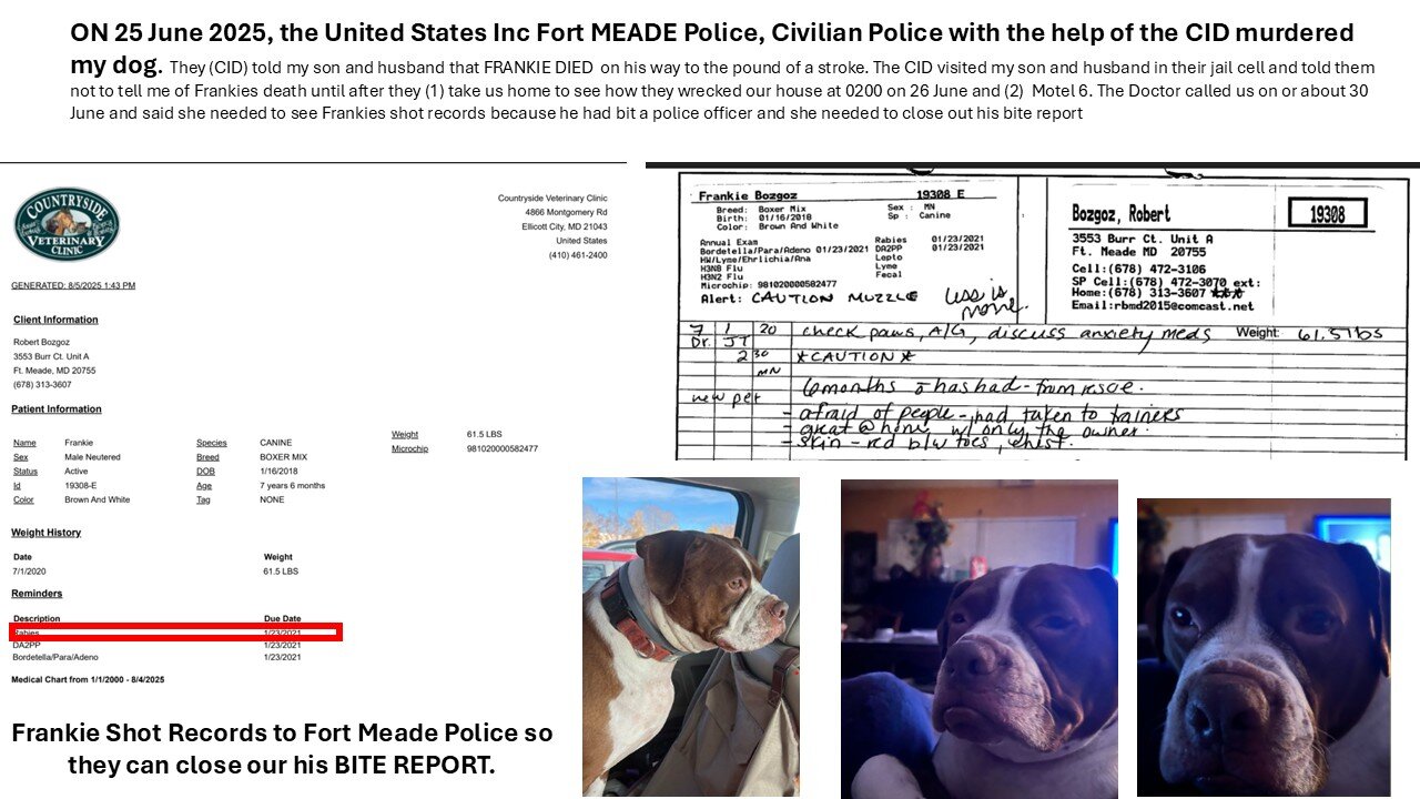 Part 2 - The Military MPS killed my dog, Frankie to cover settling claims which is against the LAW