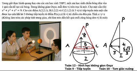 Toán 12-10-9: Hình học Oxyz, tiếp tuyến, tam giác vuông: Trong giờ thực hành quang học của các em