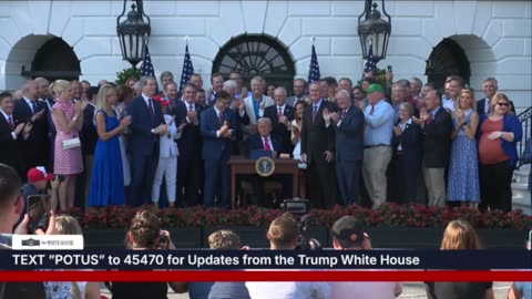 Trump signs his "Big Beautiful Bill" into law and bangs Speaker Johnson's gavel.