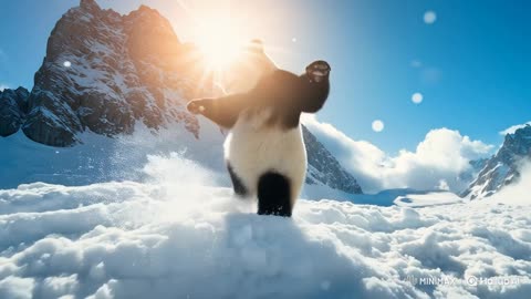 Panda Run On Snow Outside The Sea