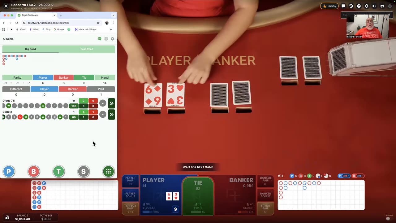 Win at baccarat with Rich Fortner using the "Brain on the App" found at Rigelcastle.com.
