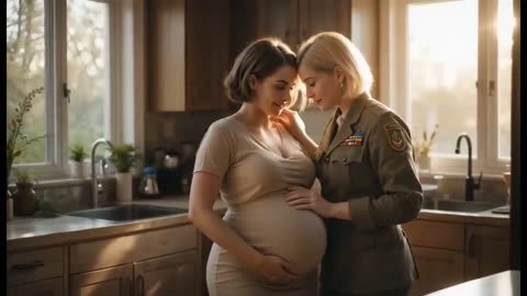 Older Female Soldiers Share a Kiss with Their Young Pregnant Girlfriends