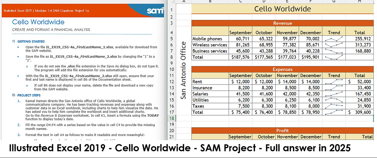 Illustrated Excel 2019 | Modules 1-4: SAM Capstone Project 1a | Cello Worldwide (Update 2025)