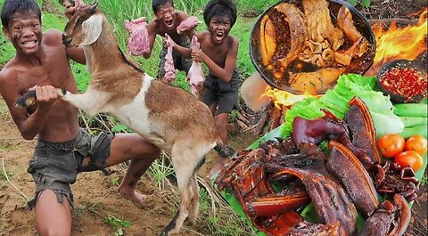 "Wild Goat Hunted & Cooked in Jungle🔥 | Primitive Cooking with Crazy Reactions!"