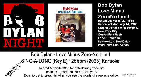 Bob Dylan - Love Minus Zero-No Limit - SING-A-LONG (Key E) 125bpm (2025) Karaoke