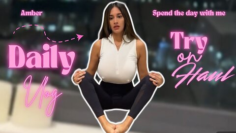 4K Tight Armless Shirt with Black Leggings Try on Haul with Amber | Yoga Stretch🥵