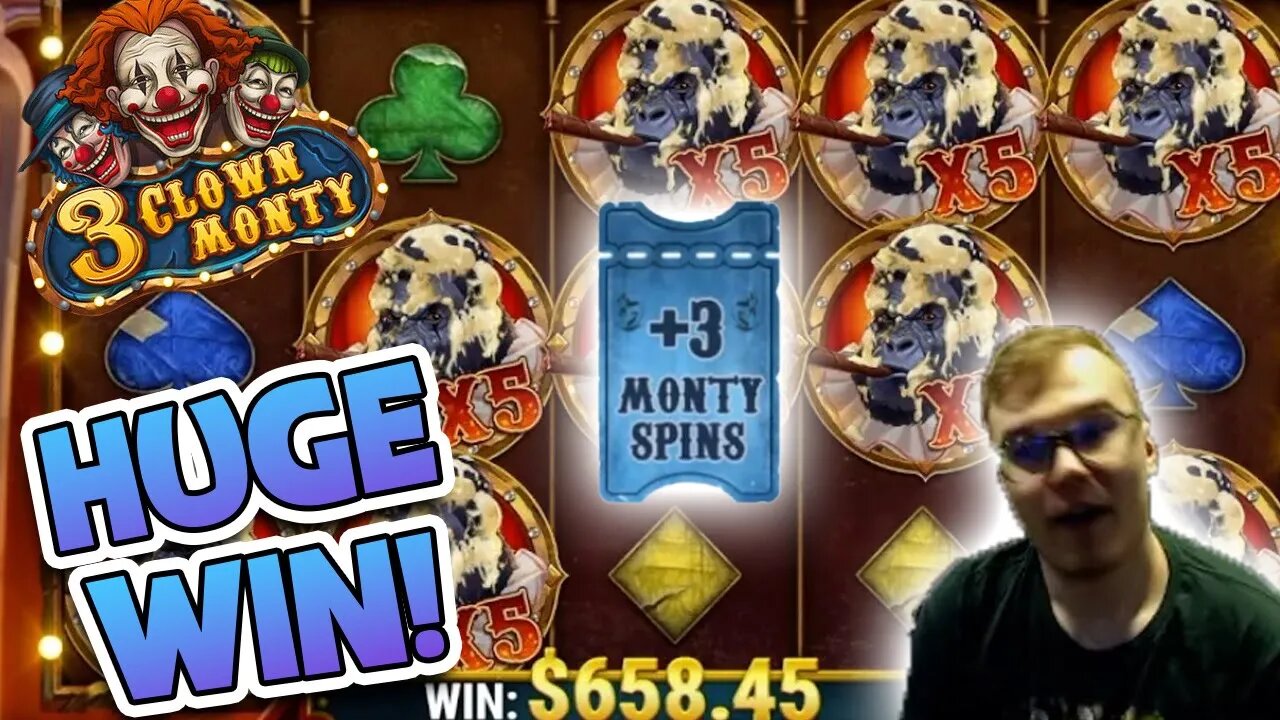 HUGE WIN ON 3 CLOWN MONTY GOES CRAZY!