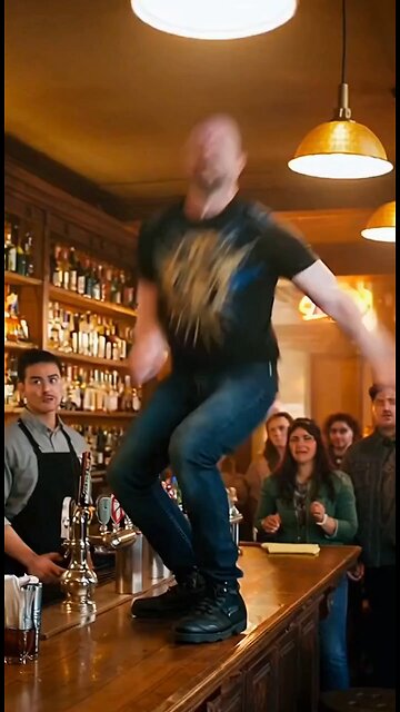 Russell Blade jumps off a bartender's table and drop kicks a black mask wrestler at a bar