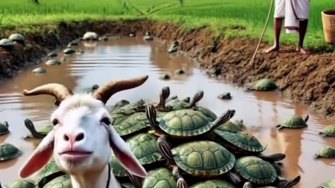 A Poor Goat Fell in a Puddle and Gets Covered with Turtles