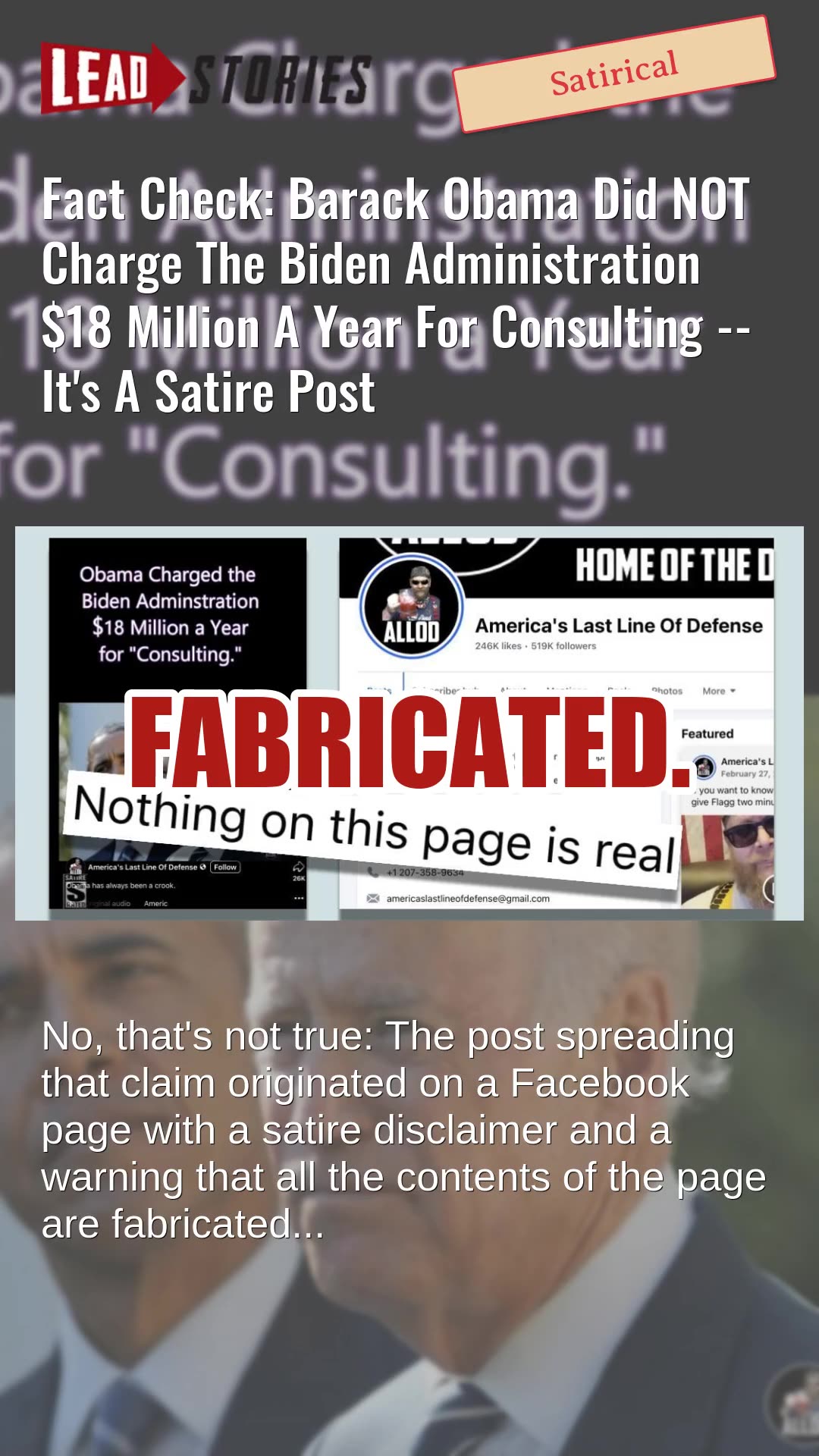 Fact Check: Obama Did NOT Charge Biden Administration $18 Million A Year For Consulting -- Satire