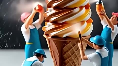 Mini Painters Coating a Giant Ice Cream #IceCreamArt, #TinyWorkers, #FoodDesign, #MiniatureScene,