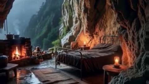 Cozy raining mountain cave
