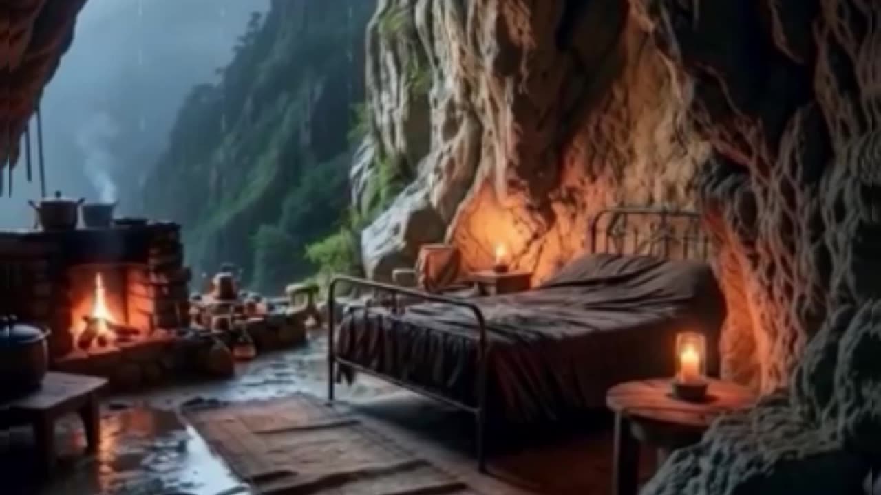 Cozy raining mountain cave