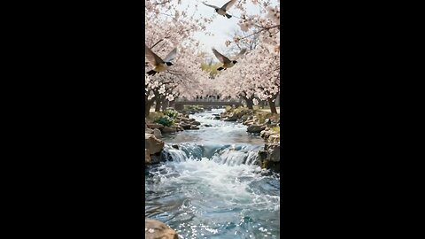 enjoy river flowing with sunshine and birds flying over