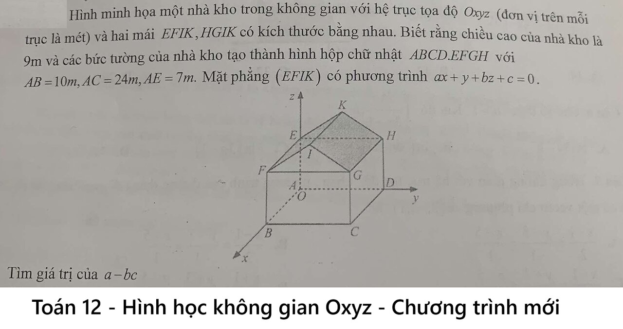 Toán 12: Hình minh họa một nhà kho trong không gian với hệ trục tọa độ Oxyz (đơn vị trên mỗi trục)